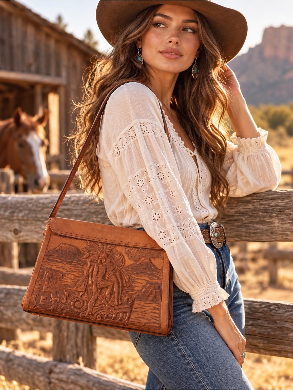 Vintage Hand-Tooled Leather Shoulder Bag – Western Southwestern Embossed Boho